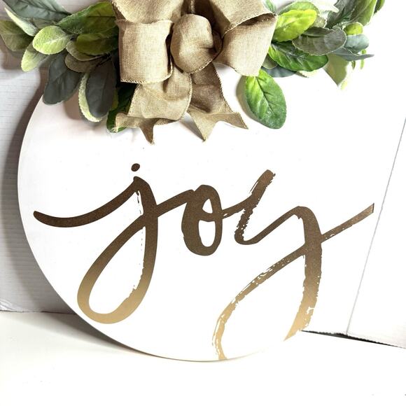 White And Gold Joy Holiday Sign Floral Bow Wooden Door Hanger Christmas Decor - Picture 5 of 5